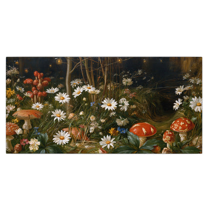 White daisies and warm red mushrooms scattered across a dark woodland garden single canvas wall art viewed straight on