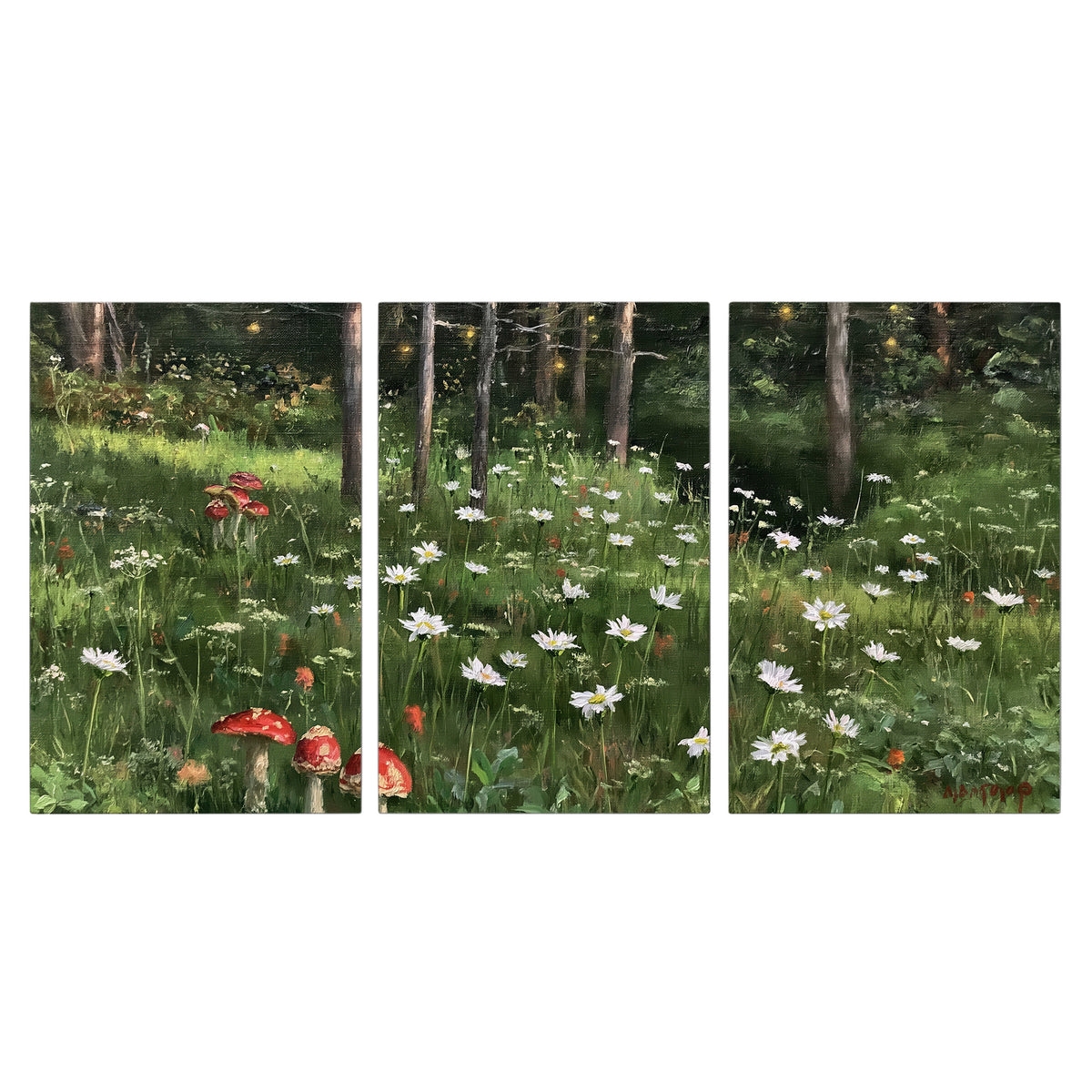A green woodland floor covered with small white daisies and red mushroom accents 3 piece canvas wall art viewed straight on