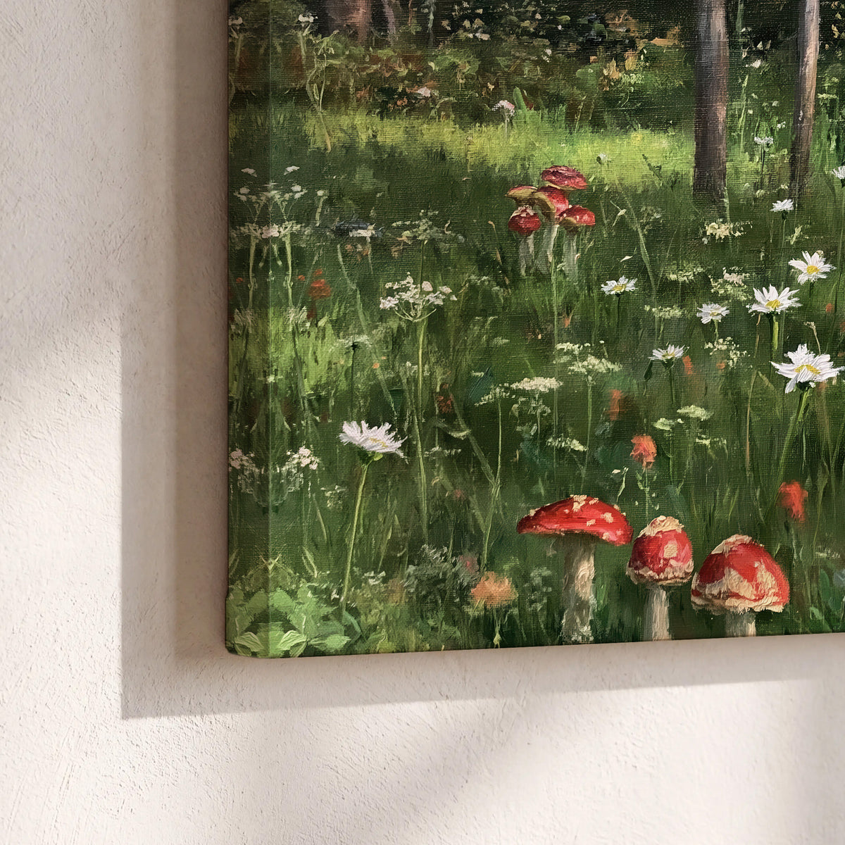 A green woodland floor covered with small white daisies and red mushroom accents 3 piece canvas wall art material and edge close up