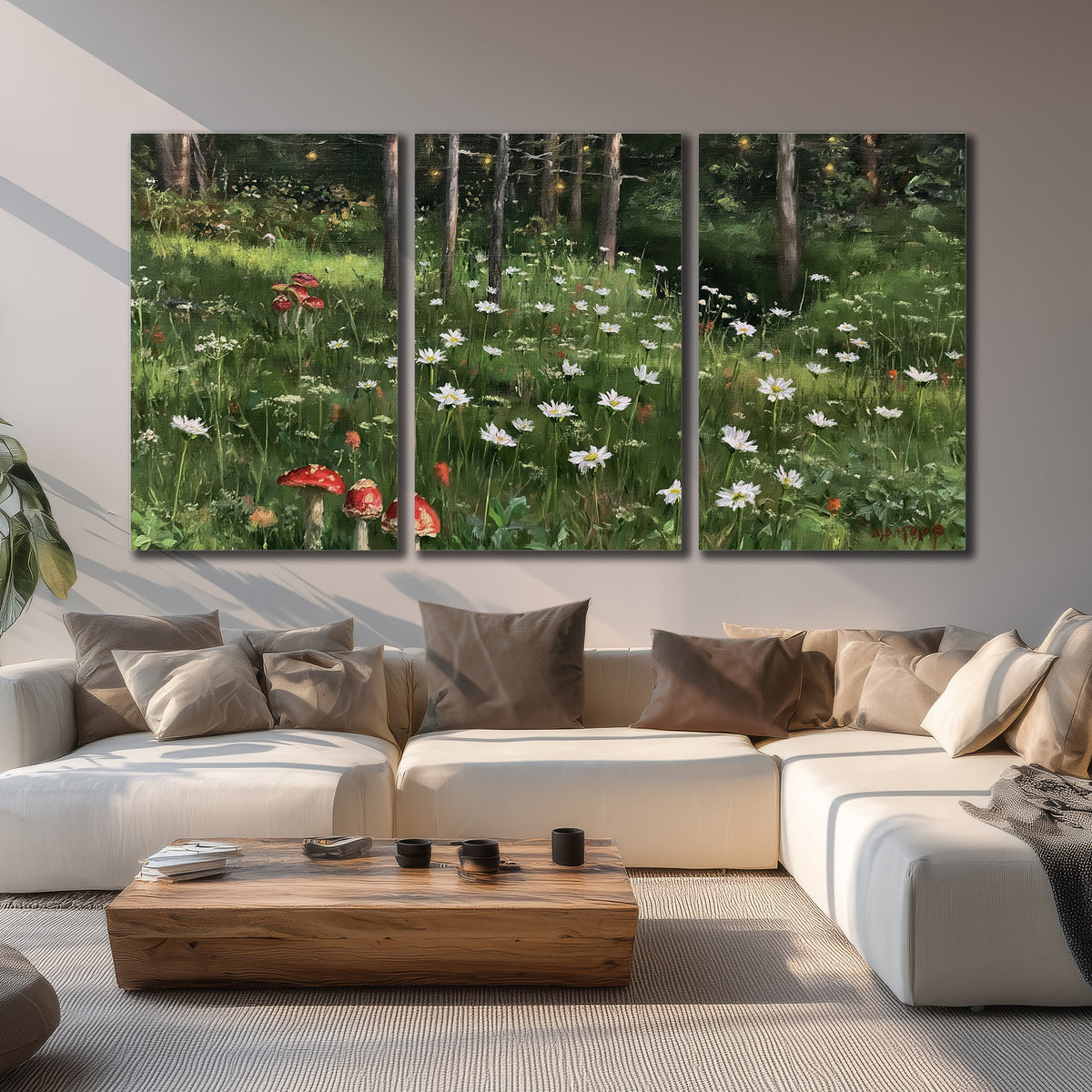 A green woodland floor covered with small white daisies and red mushroom accents 3 piece canvas wall art displayed in a living room