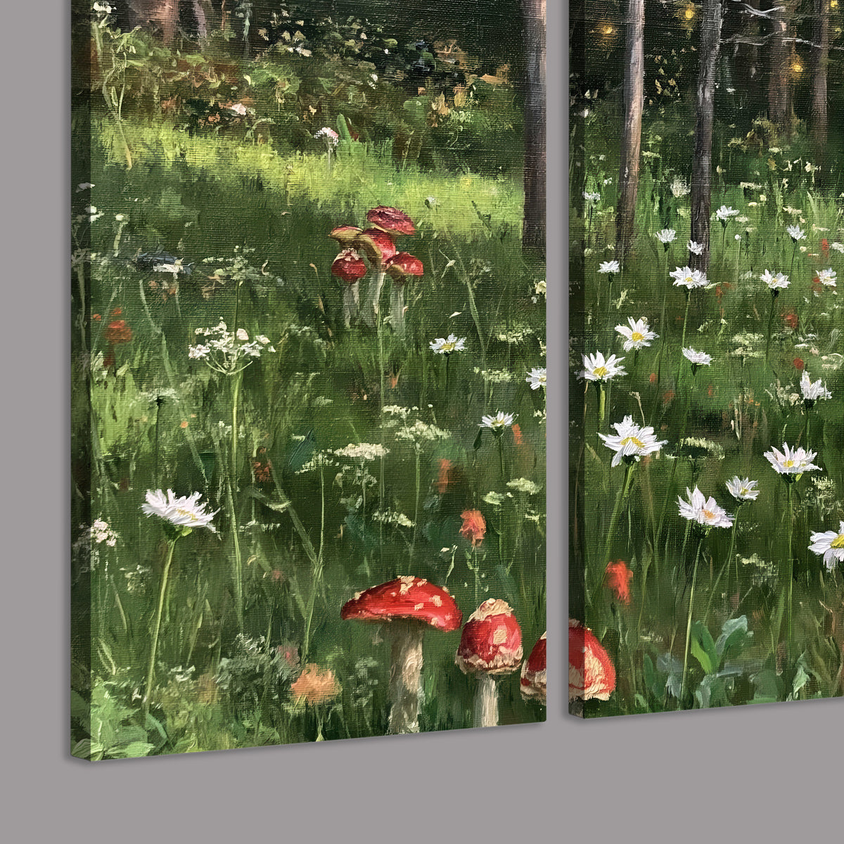 A green woodland floor covered with small white daisies and red mushroom accents 3 piece canvas wall art room and product view