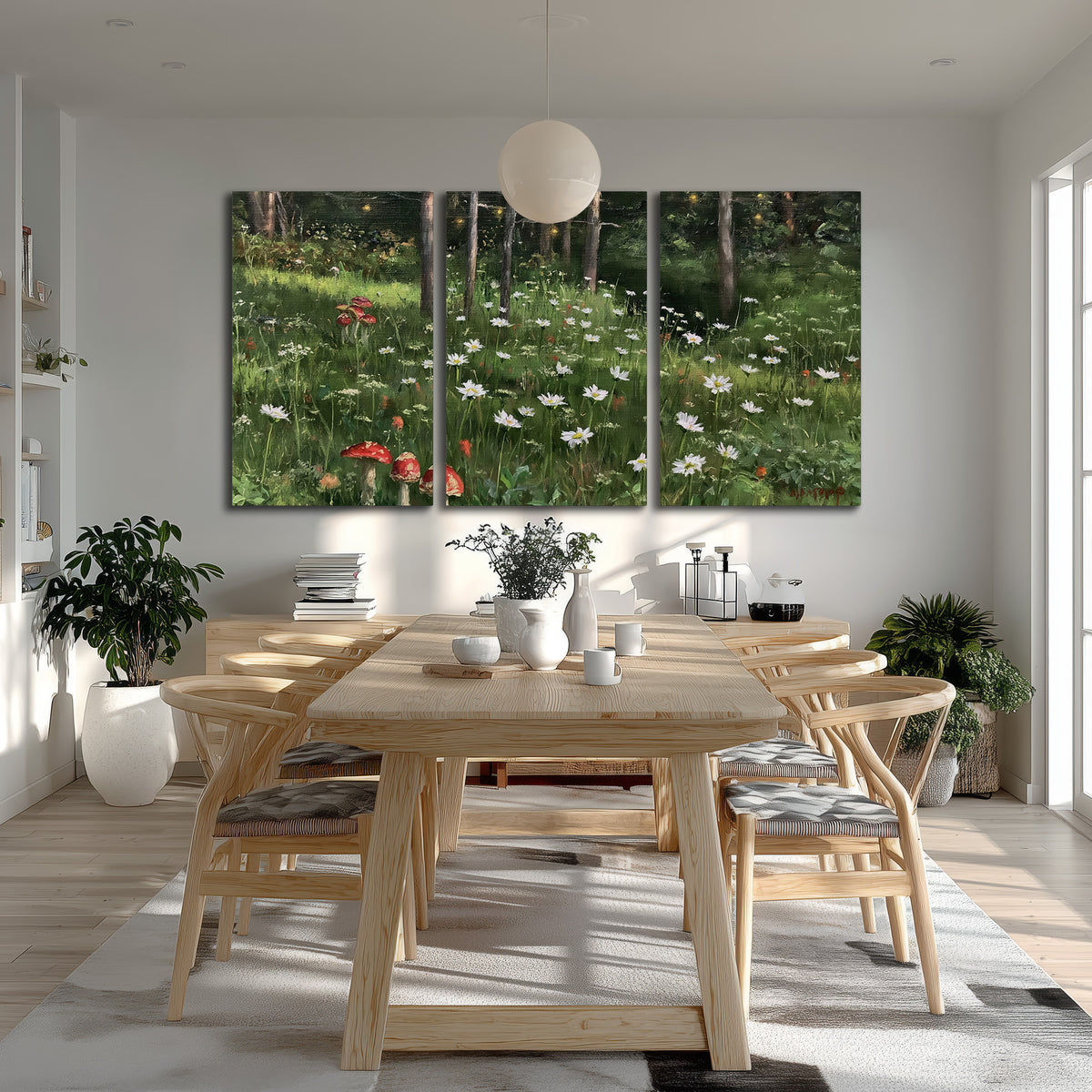 A green woodland floor covered with small white daisies and red mushroom accents 3 piece canvas wall art room and product view