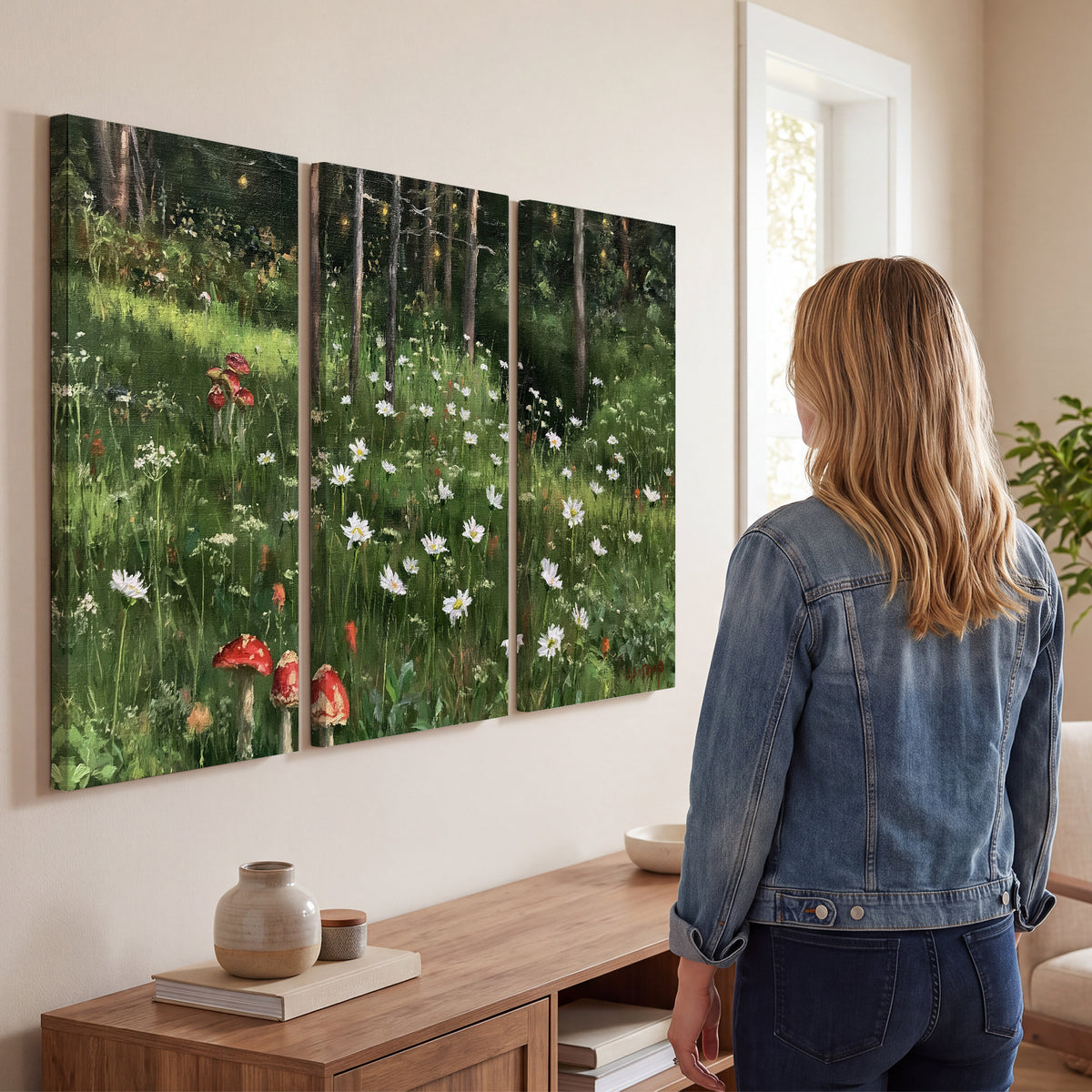 A green woodland floor covered with small white daisies and red mushroom accents 3 piece canvas wall art three panel arrangement on a wall