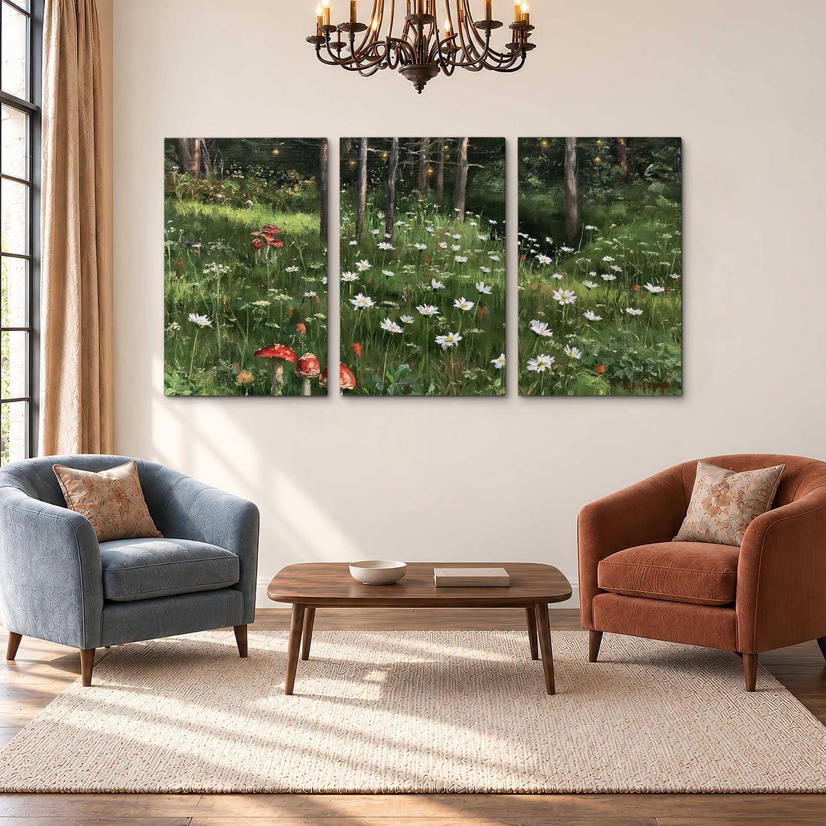 A green woodland floor covered with small white daisies and red mushroom accents 3 piece canvas wall art styled in an interior