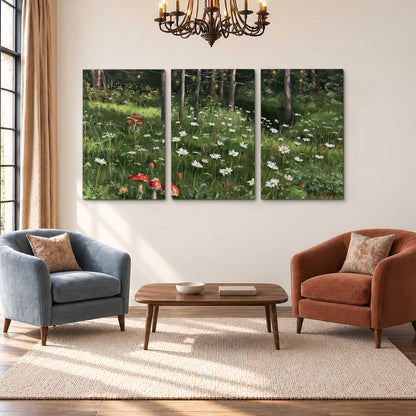 A green woodland floor covered with small white daisies and red mushroom accents 3 piece canvas wall art styled in an interior