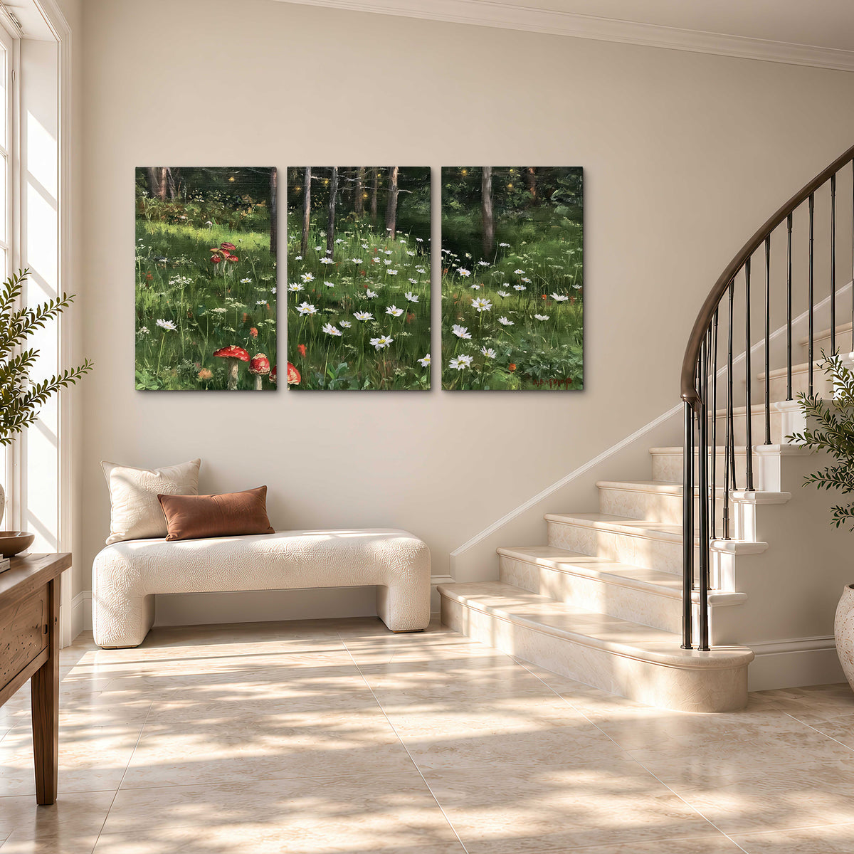 A green woodland floor covered with small white daisies and red mushroom accents 3 piece canvas wall art styled in an interior