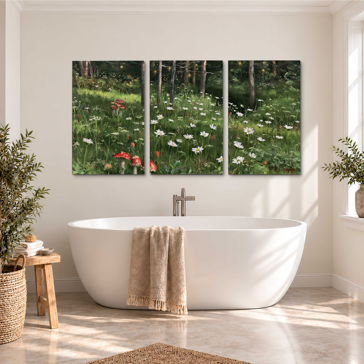 A green woodland floor covered with small white daisies and red mushroom accents 3 piece canvas wall art styled in an interior