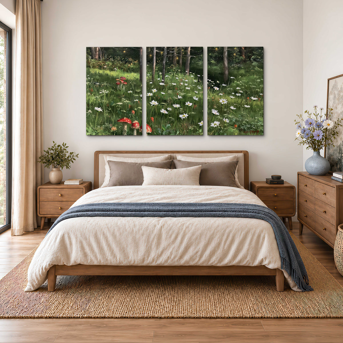 A green woodland floor covered with small white daisies and red mushroom accents 3 piece canvas wall art styled in an interior