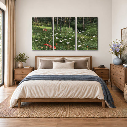 A green woodland floor covered with small white daisies and red mushroom accents 3 piece canvas wall art styled in an interior