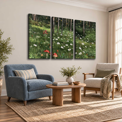 A green woodland floor covered with small white daisies and red mushroom accents 3 piece canvas wall art styled in an interior