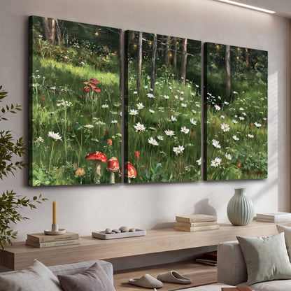 A green woodland floor covered with small white daisies and red mushroom accents 3 piece canvas wall art displayed in a console