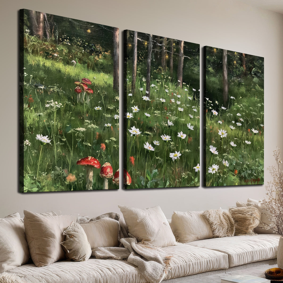 A green woodland floor covered with small white daisies and red mushroom accents 3 piece canvas wall art room and product view