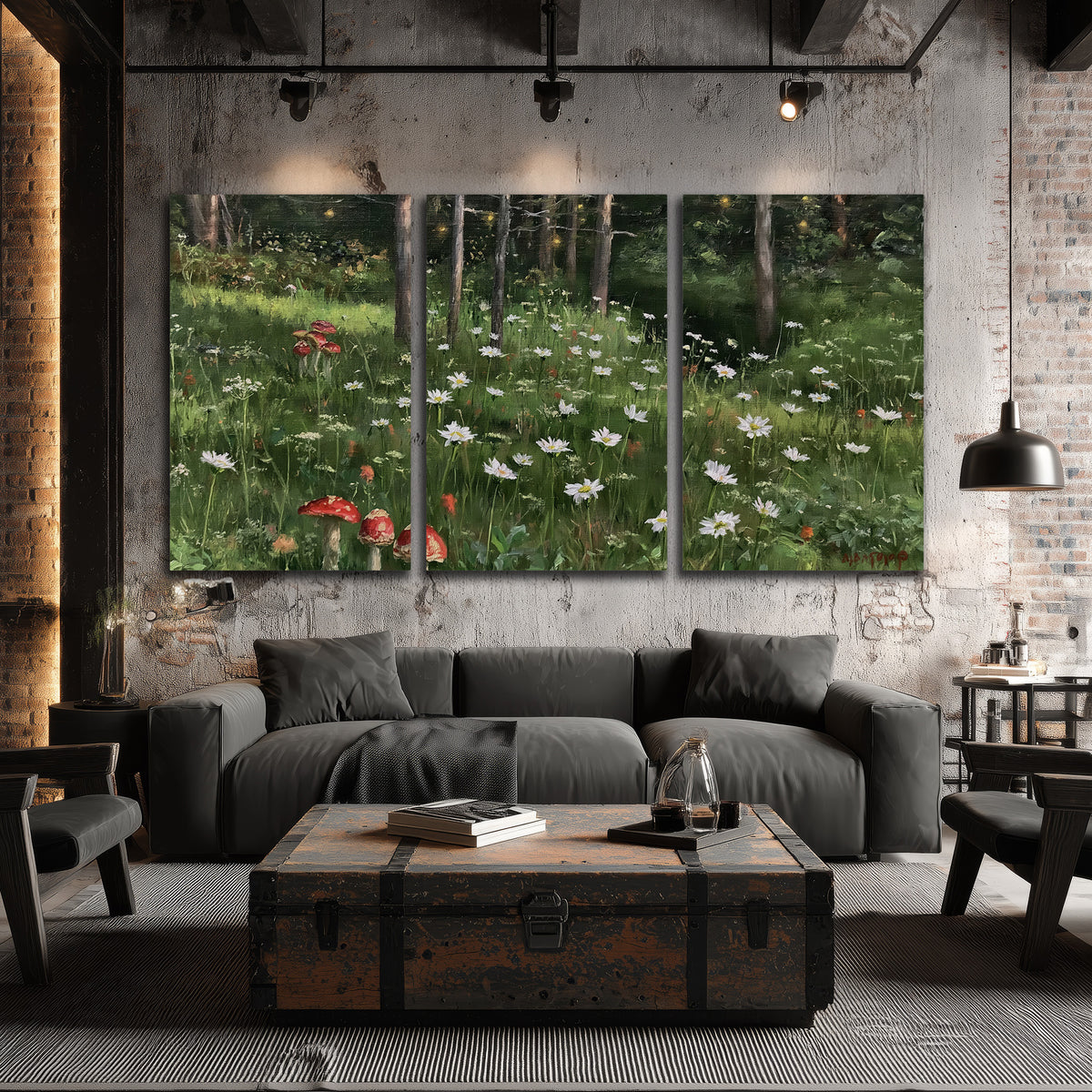 A green woodland floor covered with small white daisies and red mushroom accents 3 piece canvas wall art displayed in a industrial room