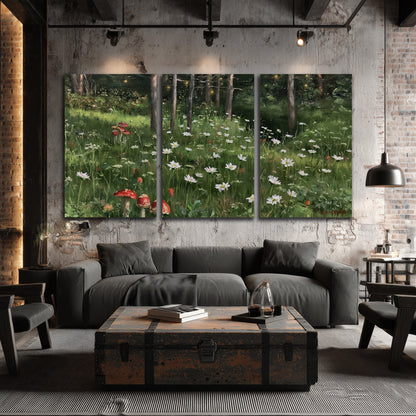 A green woodland floor covered with small white daisies and red mushroom accents 3 piece canvas wall art displayed in a industrial room