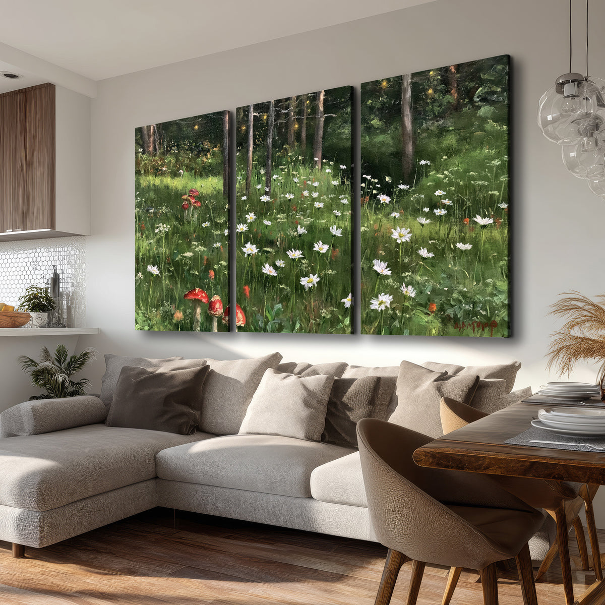 A green woodland floor covered with small white daisies and red mushroom accents 3 piece canvas wall art room and product view