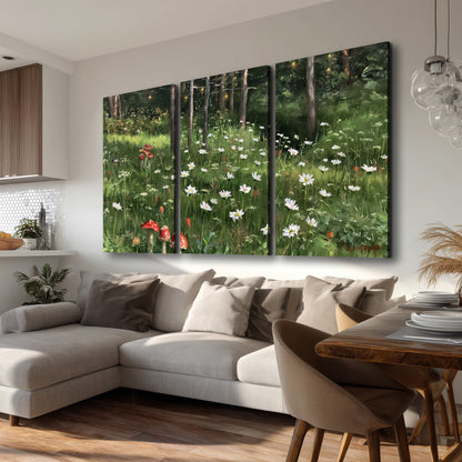 A green woodland floor covered with small white daisies and red mushroom accents 3 piece canvas wall art room and product view