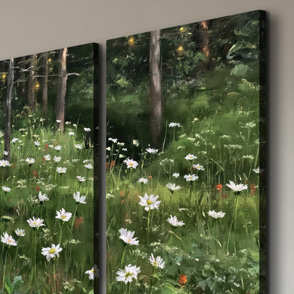 A green woodland floor covered with small white daisies and red mushroom accents 3 piece canvas wall art room and product view