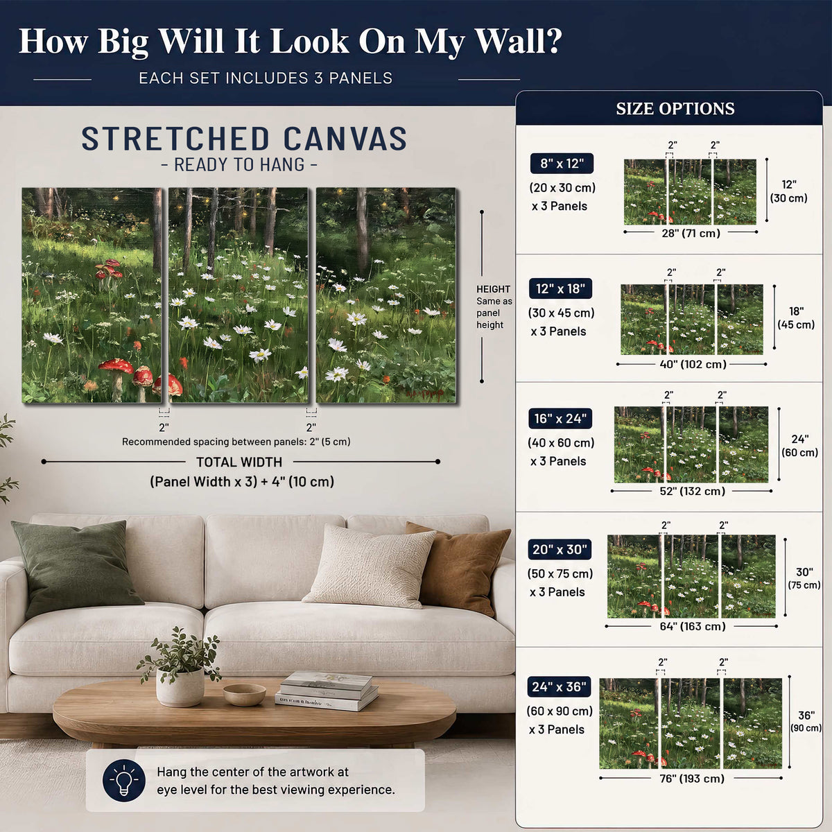 A green woodland floor covered with small white daisies and red mushroom accents 3 piece canvas wall art size guide above a sofa; room view is illustrative