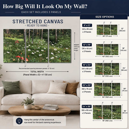 A green woodland floor covered with small white daisies and red mushroom accents 3 piece canvas wall art size guide above a sofa; room view is illustrative