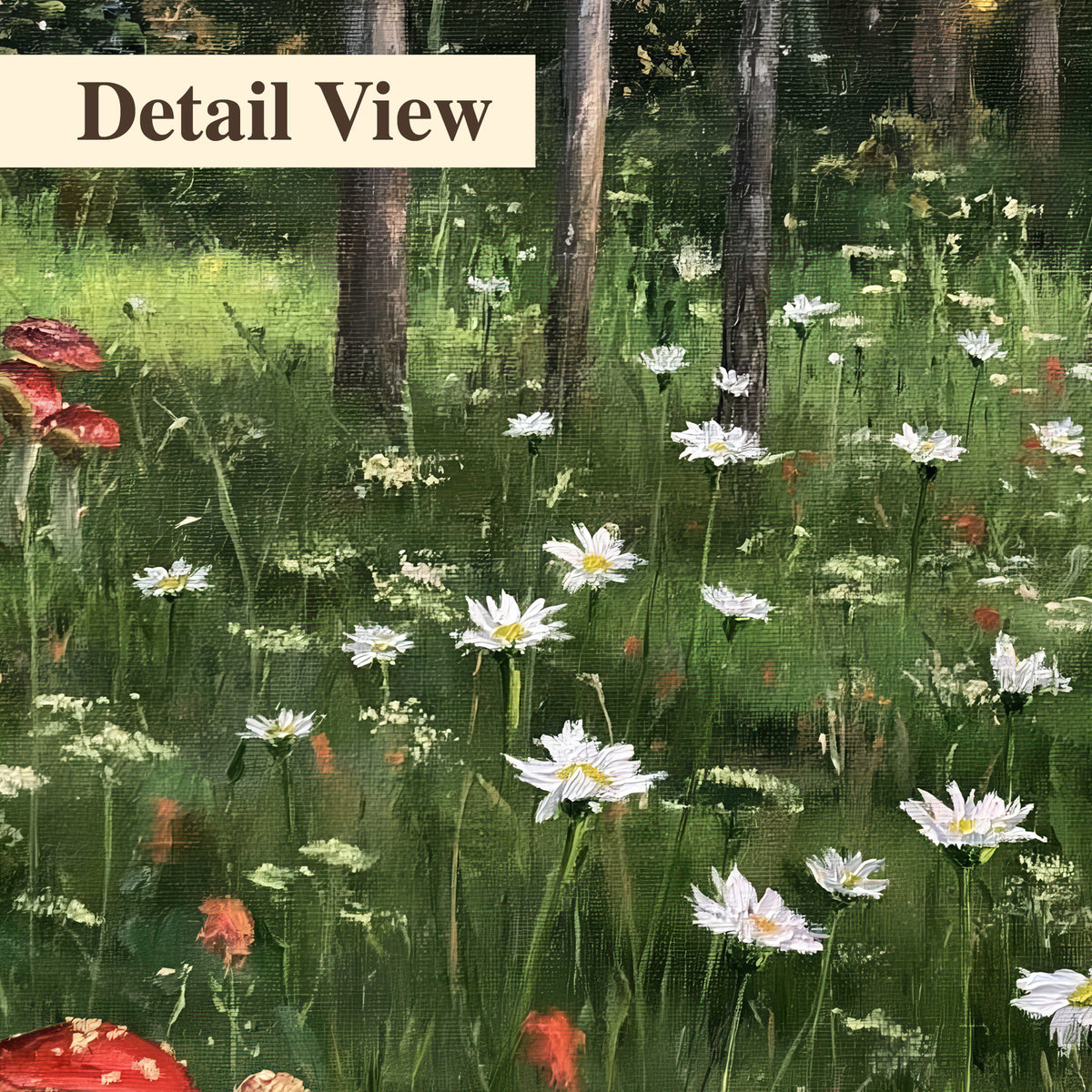A green woodland floor covered with small white daisies and red mushroom accents 3 piece canvas wall art artwork detail close up