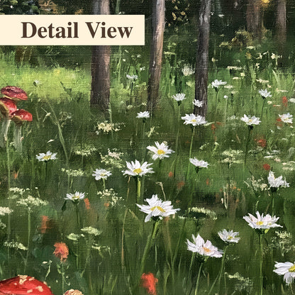 A green woodland floor covered with small white daisies and red mushroom accents 3 piece canvas wall art artwork detail close up