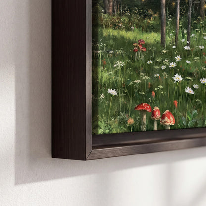 A green woodland floor covered with small white daisies and red mushroom accents 3 piece framed canvas wall art material and edge close up