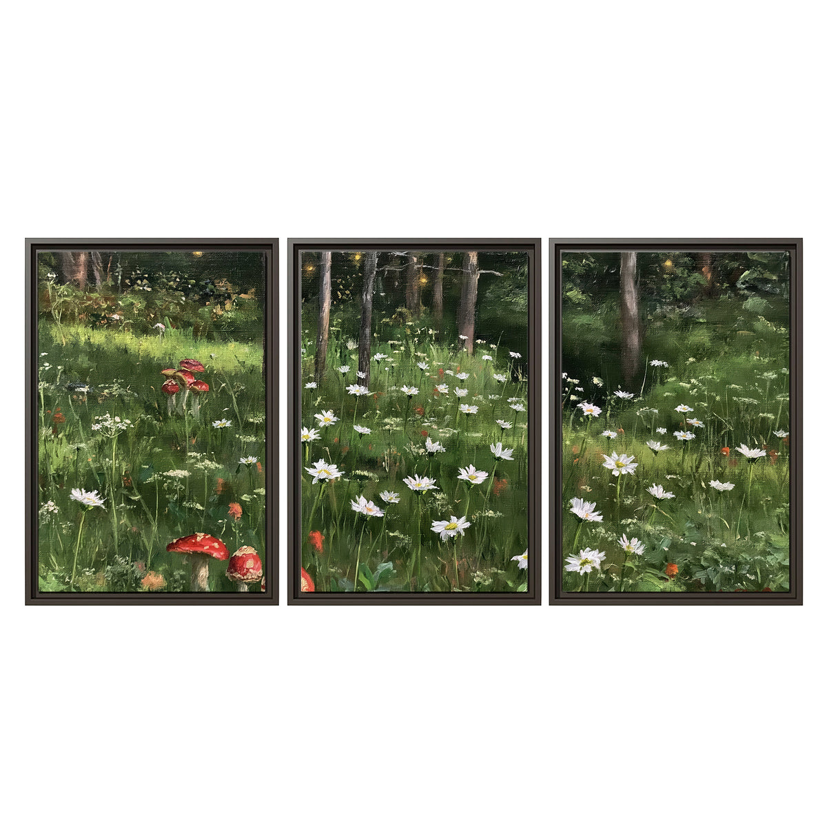 A green woodland floor covered with small white daisies and red mushroom accents 3 piece framed canvas wall art viewed straight on