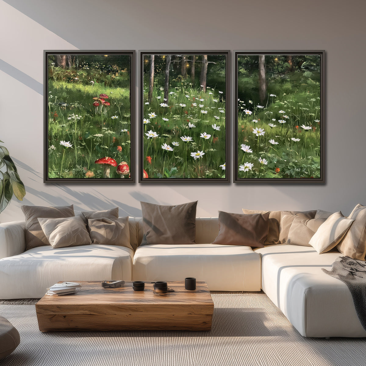 A green woodland floor covered with small white daisies and red mushroom accents 3 piece framed canvas wall art displayed in a living room