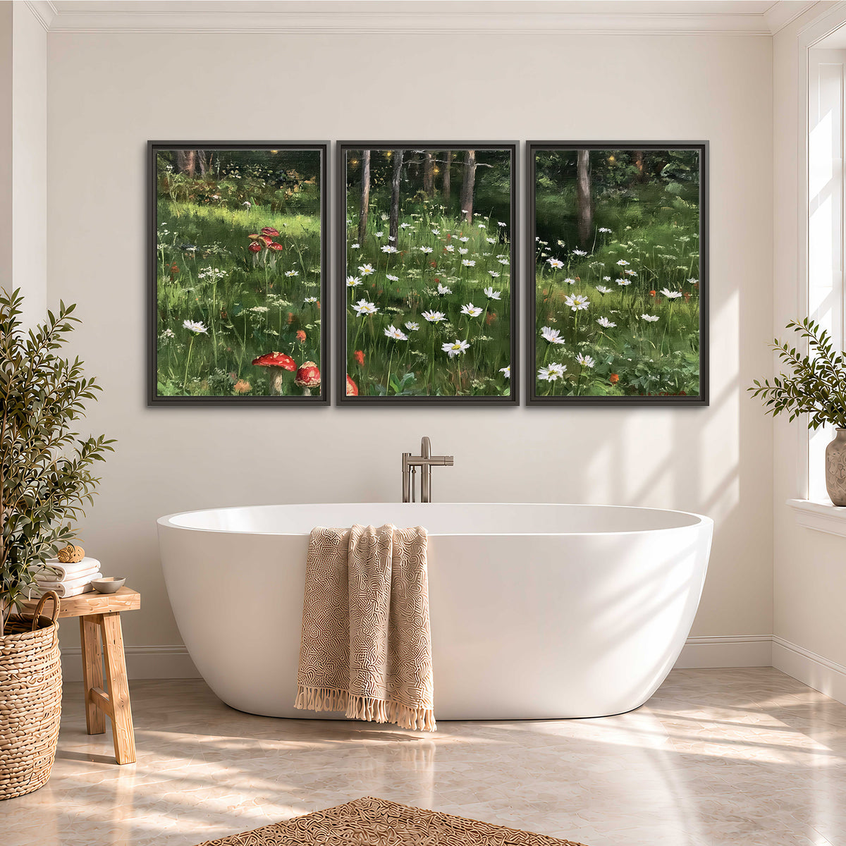 A green woodland floor covered with small white daisies and red mushroom accents 3 piece framed canvas wall art styled in an interior