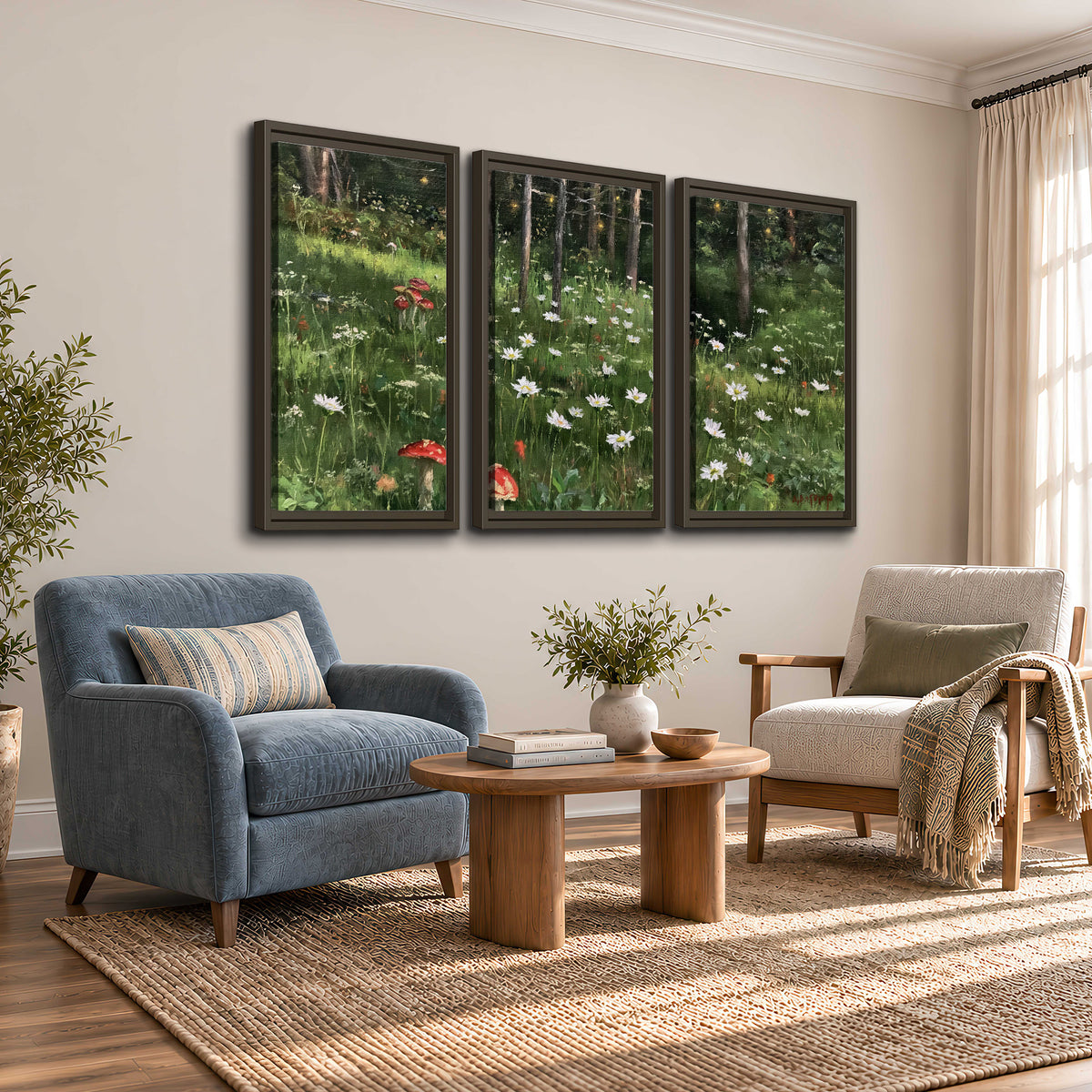 A green woodland floor covered with small white daisies and red mushroom accents 3 piece framed canvas wall art styled in an interior