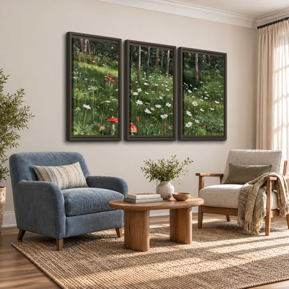 A green woodland floor covered with small white daisies and red mushroom accents 3 piece framed canvas wall art styled in an interior