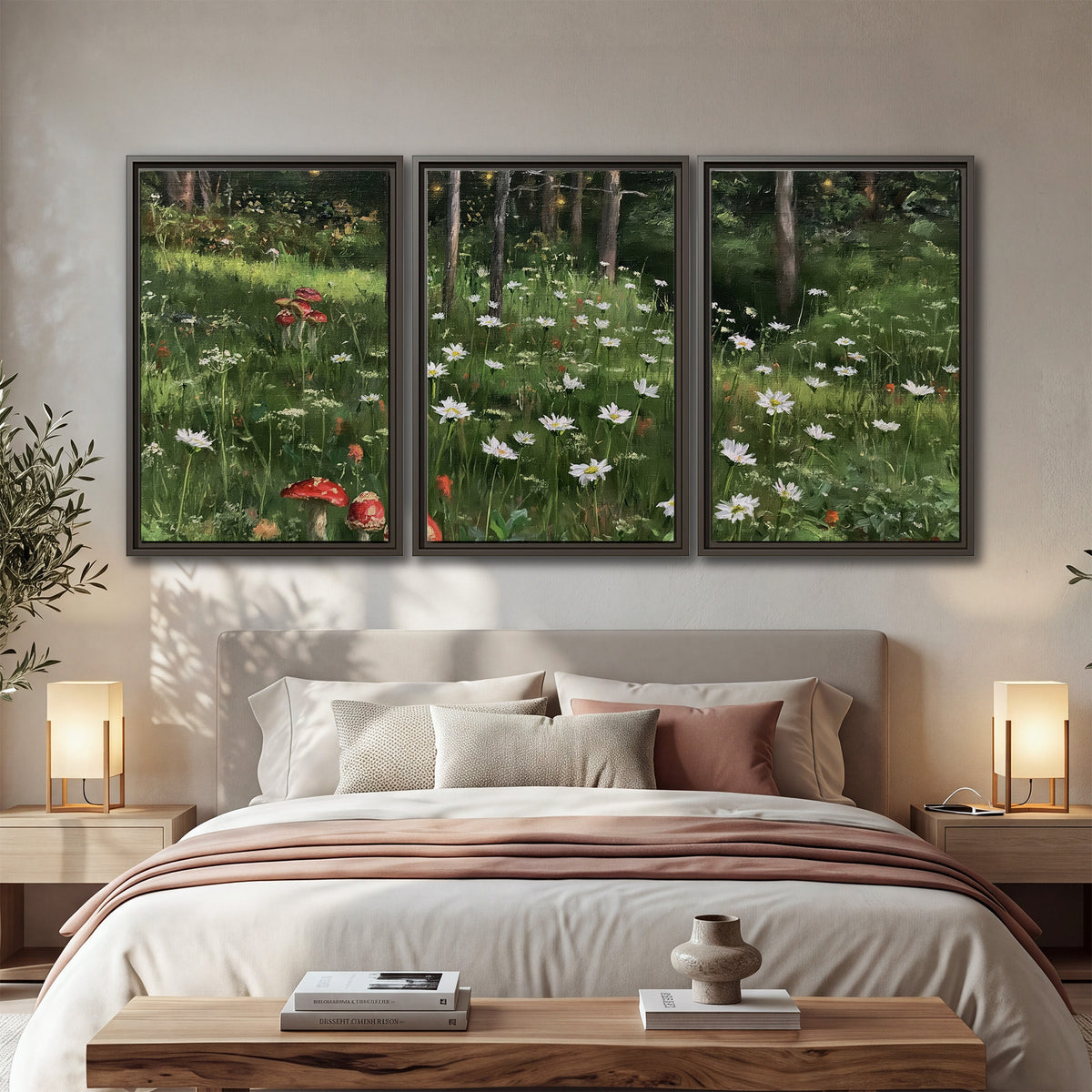 A green woodland floor covered with small white daisies and red mushroom accents 3 piece framed canvas wall art displayed in a bedroom