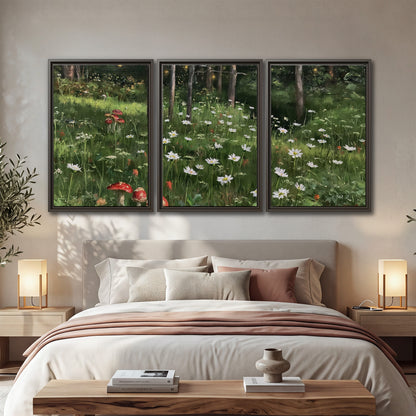 A green woodland floor covered with small white daisies and red mushroom accents 3 piece framed canvas wall art displayed in a bedroom