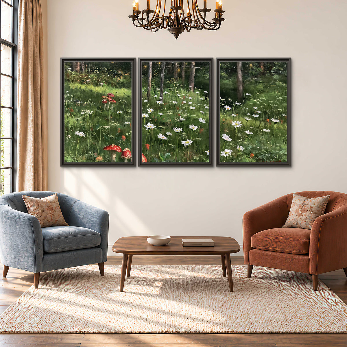 A green woodland floor covered with small white daisies and red mushroom accents 3 piece framed canvas wall art styled in an interior