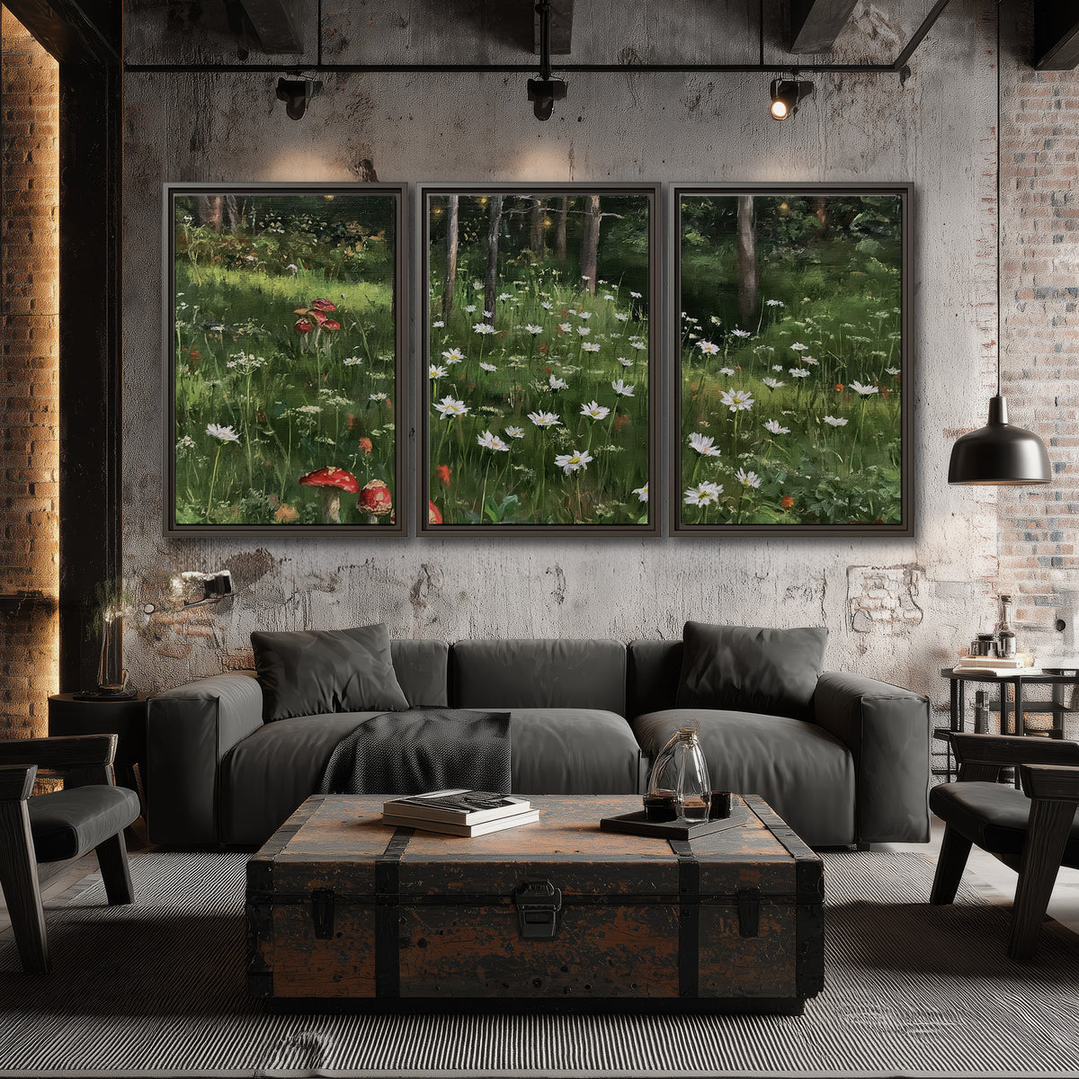 A green woodland floor covered with small white daisies and red mushroom accents 3 piece framed canvas wall art displayed in a industrial room