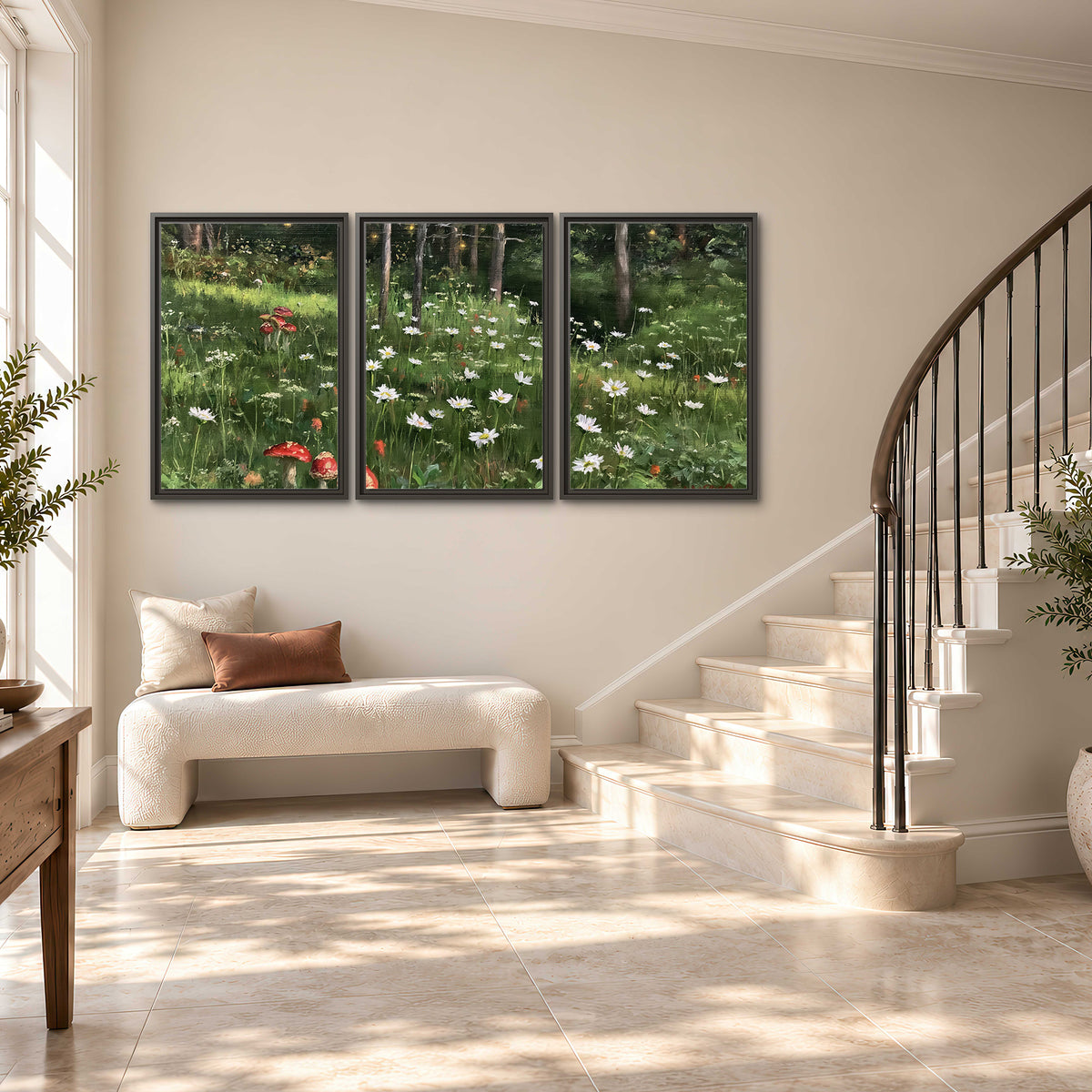 A green woodland floor covered with small white daisies and red mushroom accents 3 piece framed canvas wall art styled in an interior