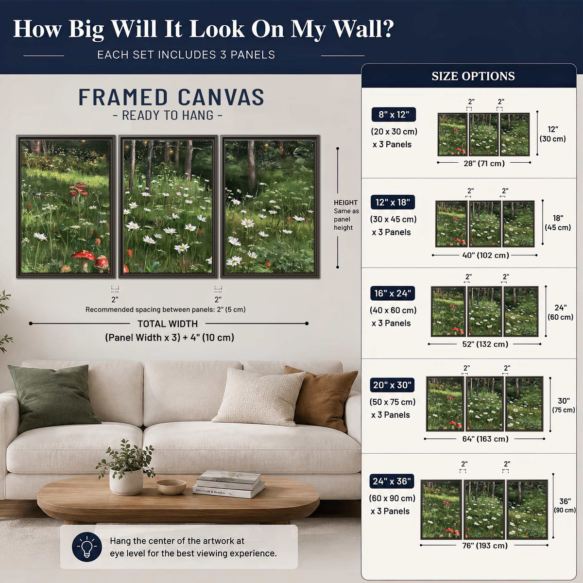 A green woodland floor covered with small white daisies and red mushroom accents 3 piece framed canvas wall art size guide above a sofa; room view is illustrative