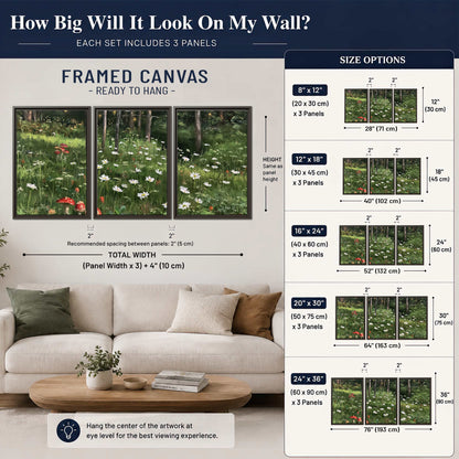 A green woodland floor covered with small white daisies and red mushroom accents 3 piece framed canvas wall art size guide above a sofa; room view is illustrative