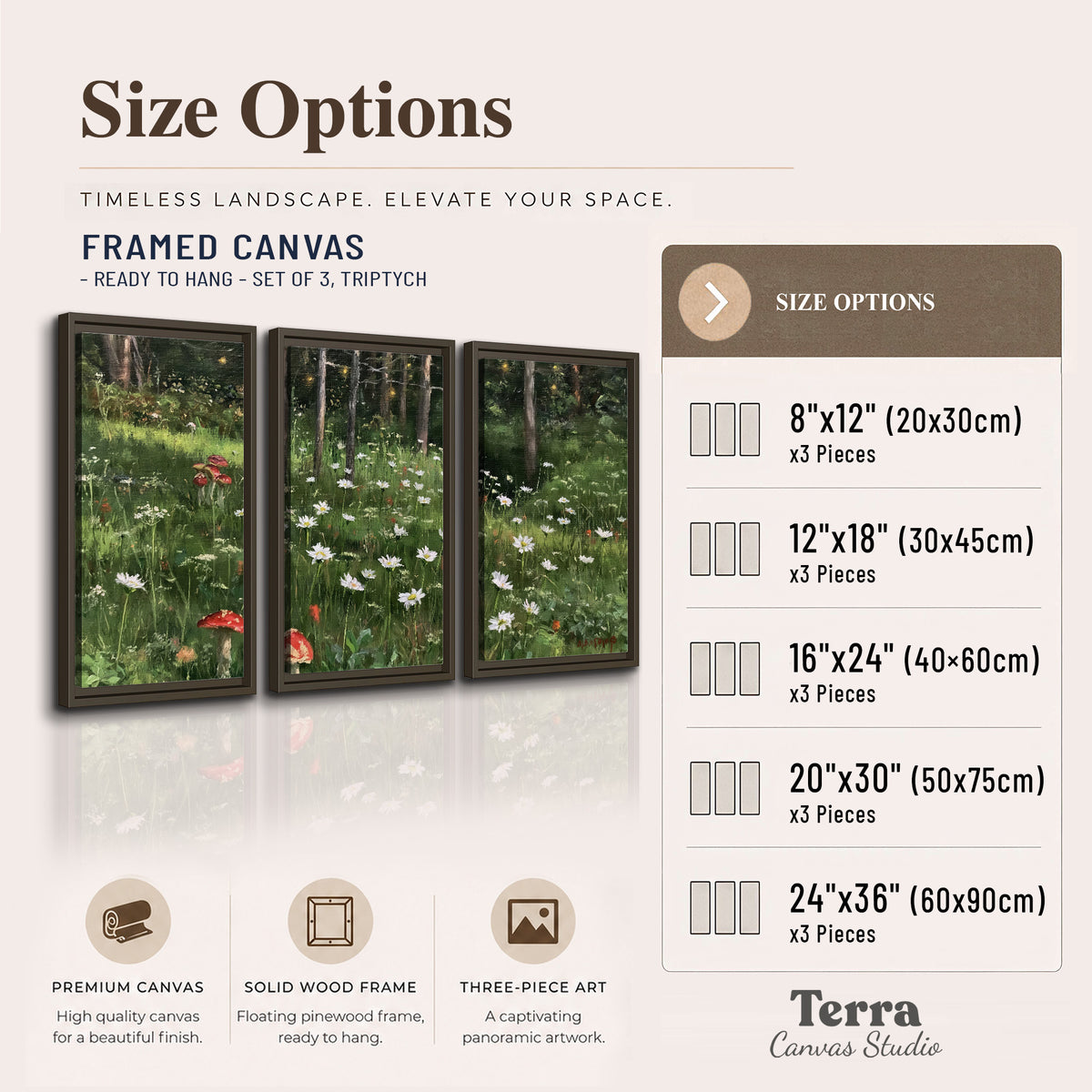 A green woodland floor covered with small white daisies and red mushroom accents 3 piece framed canvas wall art available dimensions; triptych dimensions are per panel
