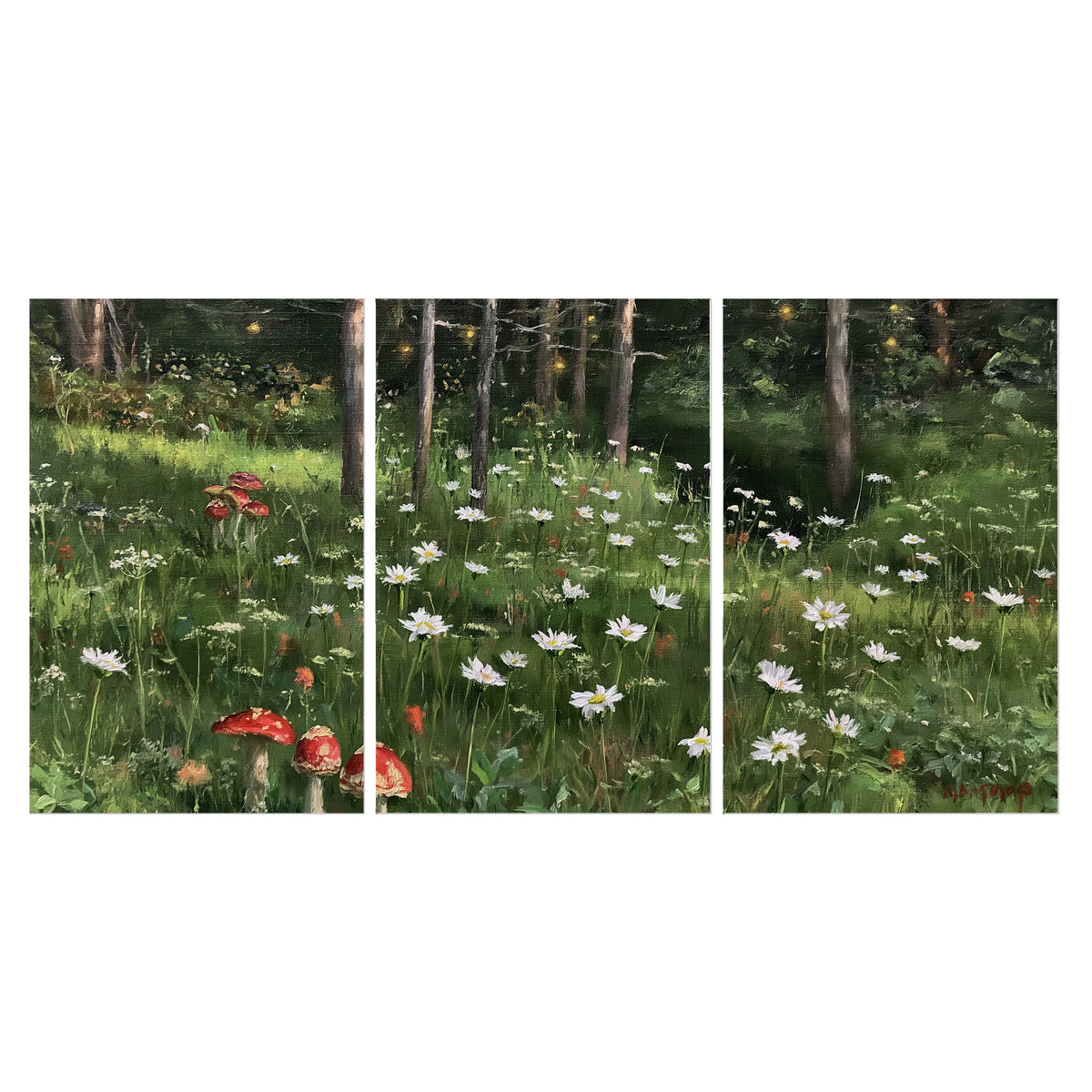 A green woodland floor covered with small white daisies and red mushroom accents set of 3 poster prints viewed straight on