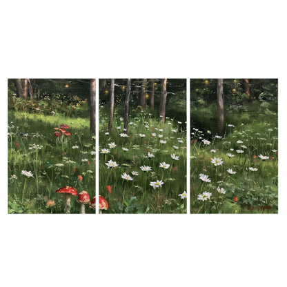 A green woodland floor covered with small white daisies and red mushroom accents set of 3 poster prints viewed straight on
