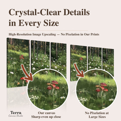A green woodland floor covered with small white daisies and red mushroom accents artwork quality information