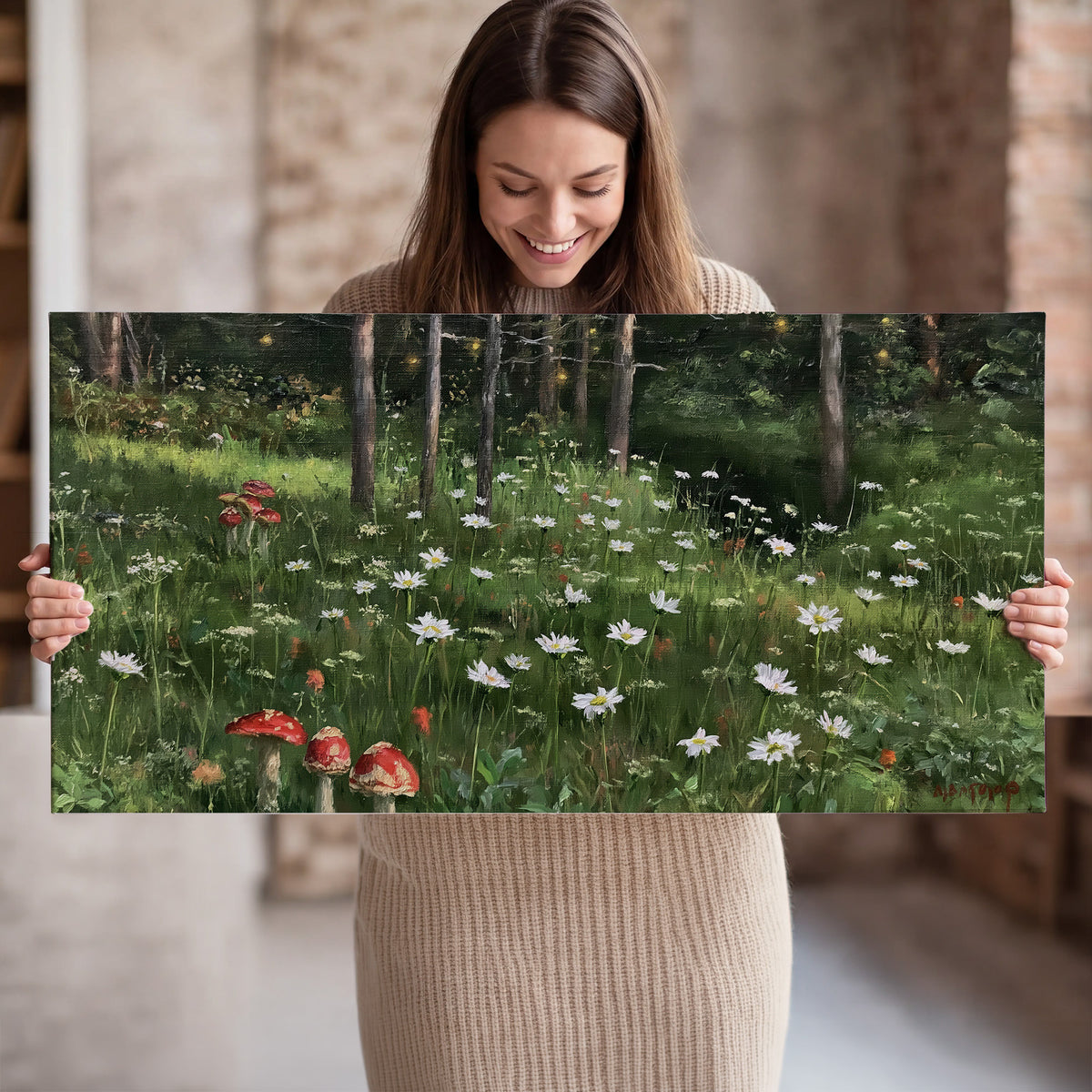 A green woodland floor covered with small white daisies and red mushroom accents single canvas wall art held in hands