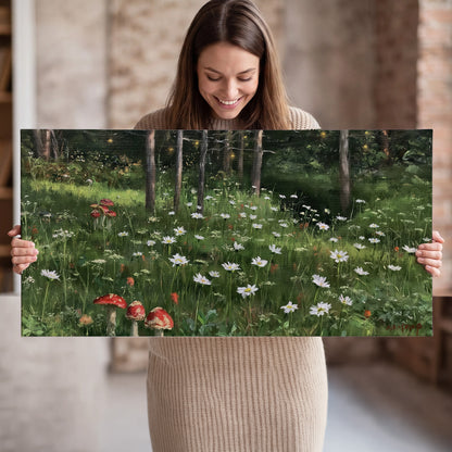 A green woodland floor covered with small white daisies and red mushroom accents single canvas wall art held in hands