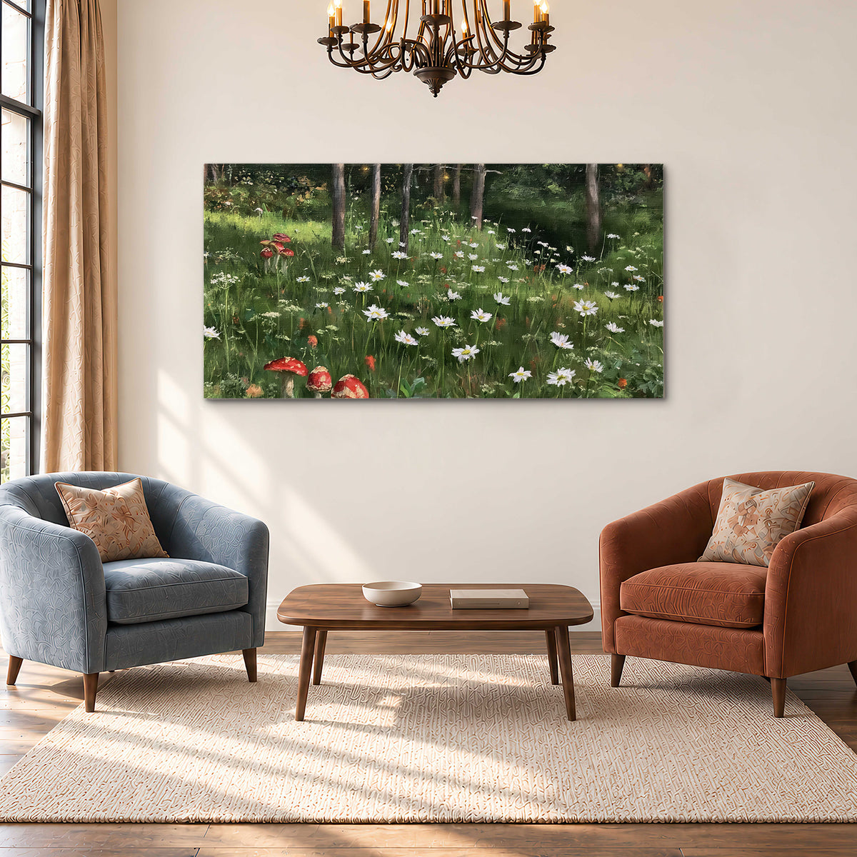 A green woodland floor covered with small white daisies and red mushroom accents single canvas wall art styled in an interior