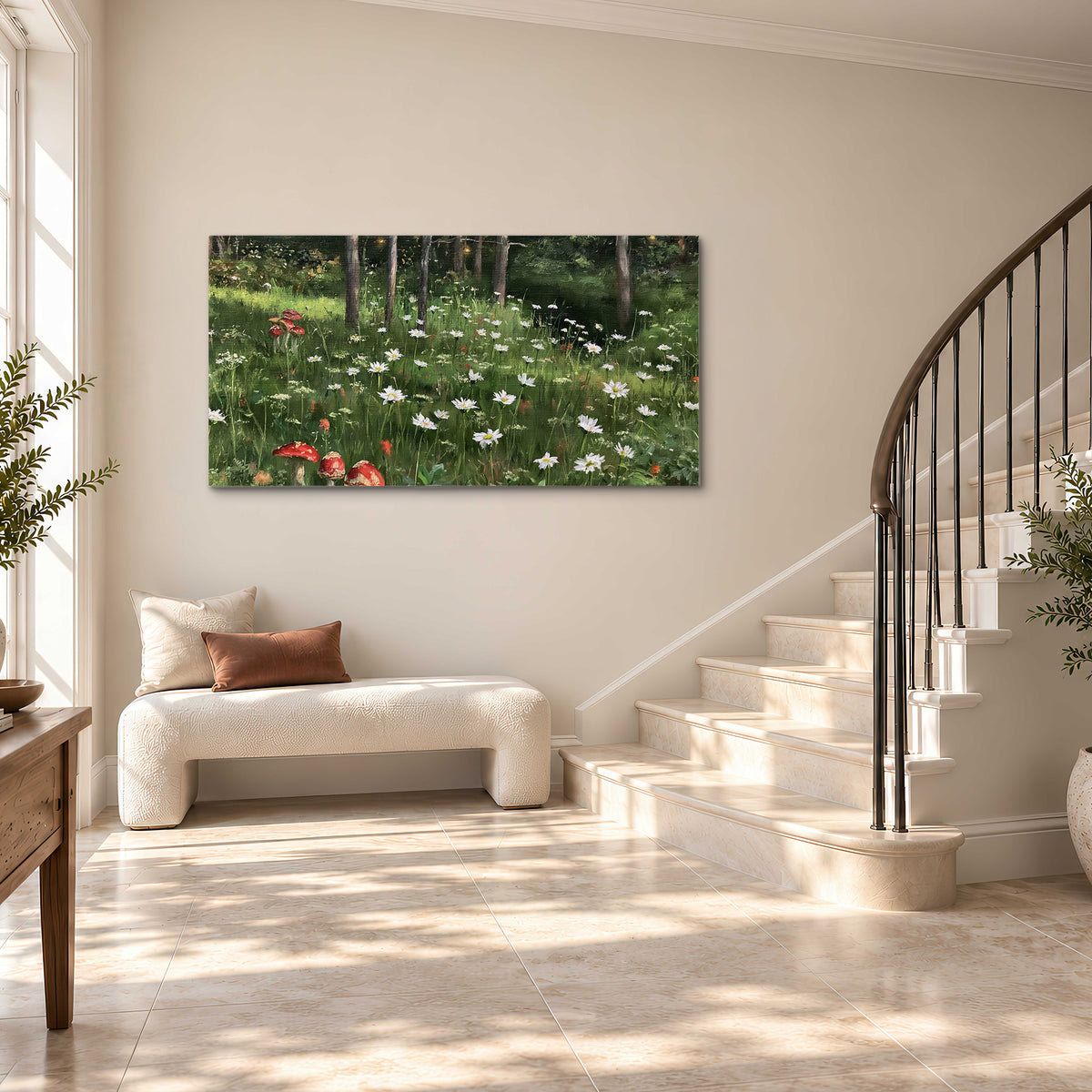 A green woodland floor covered with small white daisies and red mushroom accents single canvas wall art styled in an interior