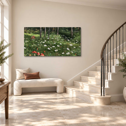 A green woodland floor covered with small white daisies and red mushroom accents single canvas wall art styled in an interior