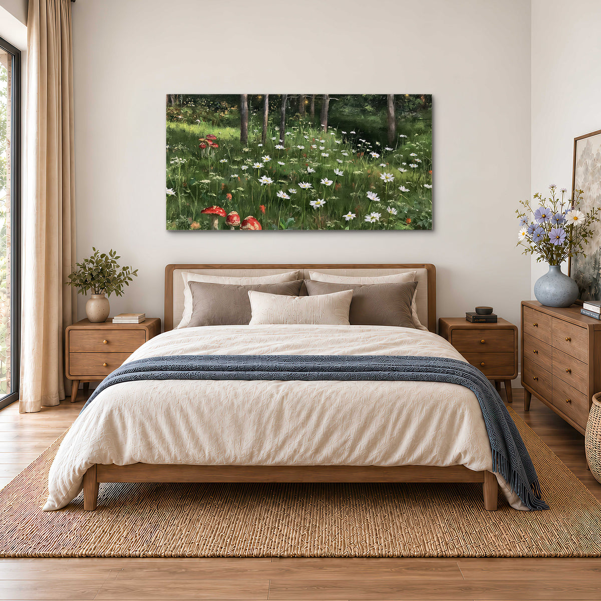 A green woodland floor covered with small white daisies and red mushroom accents single canvas wall art styled in an interior
