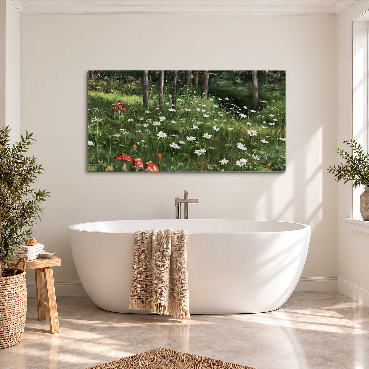 A green woodland floor covered with small white daisies and red mushroom accents single canvas wall art styled in an interior