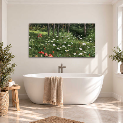 A green woodland floor covered with small white daisies and red mushroom accents single canvas wall art styled in an interior